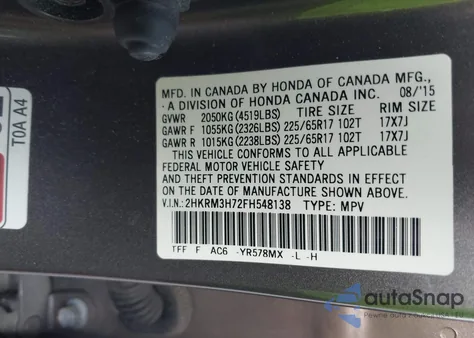 2015 Honda Cr-V Ex-L from USA, damaged, VIN 2HKRM3H72FH548138
